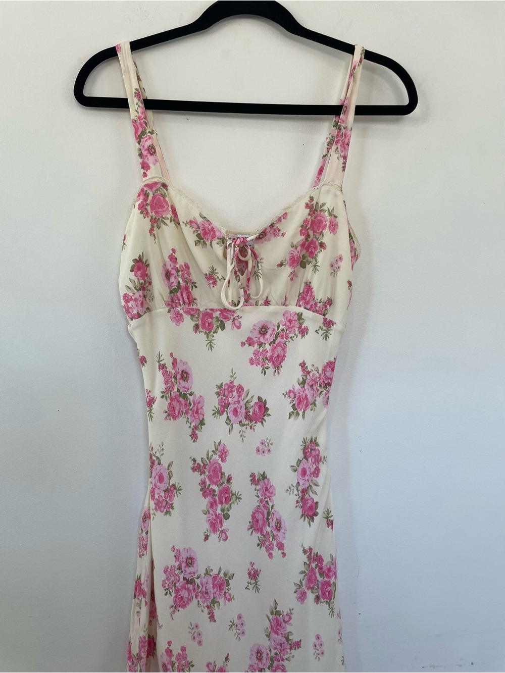 Pink Rose Floral Maxi Dress L Slip Style Lace Trim Side Zip Cottagecore Coquette - Picture 4 of 11